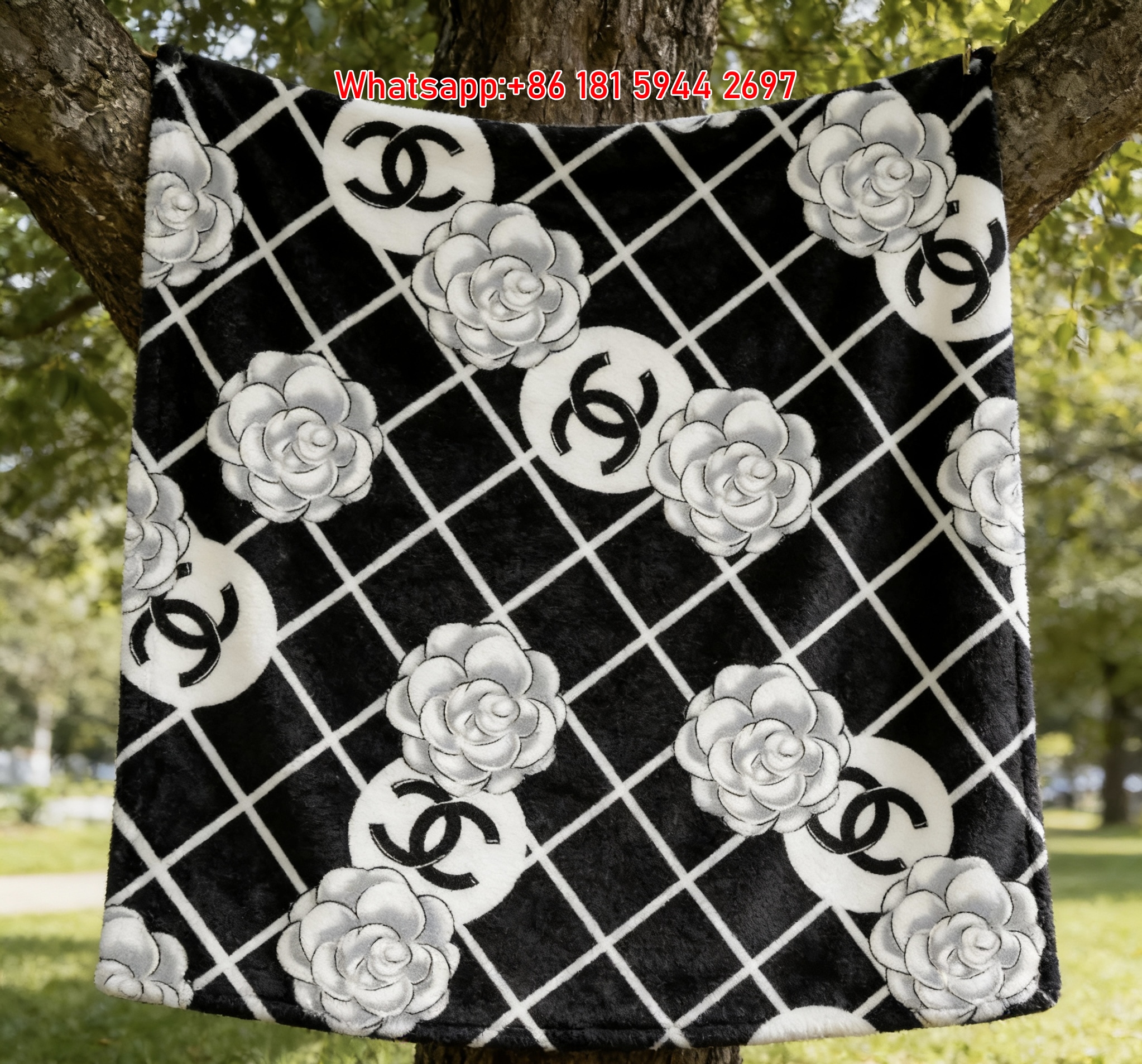 Chanel Black White Camellia Flannel Throw Blanket IMG_6910
